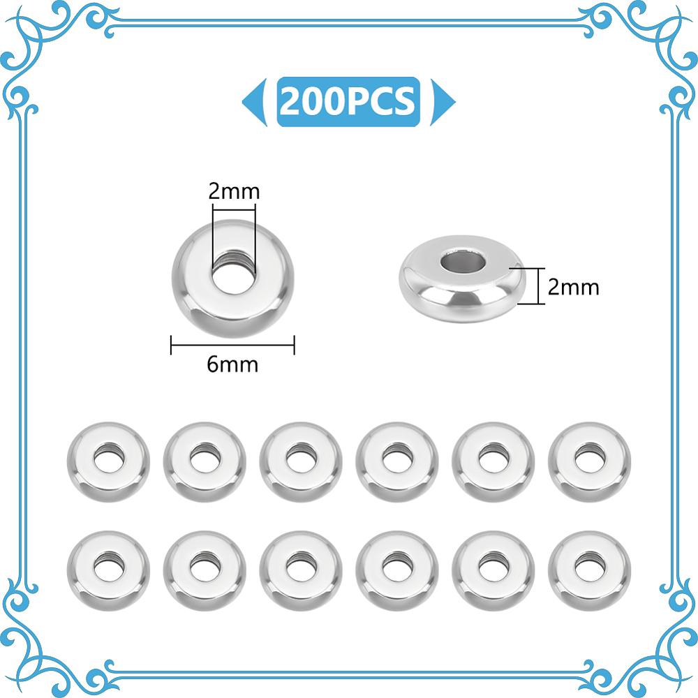 200Pcs 304 Stainless Steel Spacer Beads, Flat Round, Stainless Steel Color, 6x2mm, Hole: 2mm