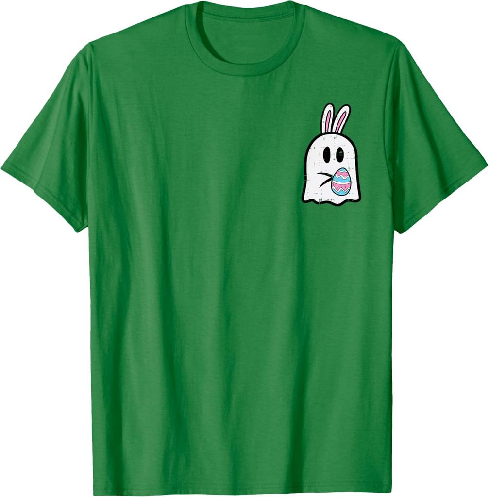 Easter Ghost Bunny Pocket Funny Egg Graphic Tee Soft Cotton Casual T-Shirt for Men Women