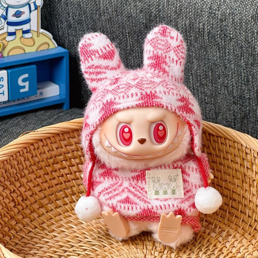 17CM Labubu Doll Coat Rabbit Hat Knitted Sweater Set Labubu Clothes
