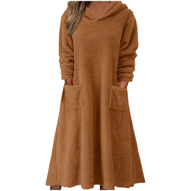 2025 Cross-border New Autumn and Winter European, American and Amazon, Loose Casual Fluff Hooded Long-sleeved Dress Loungewear
