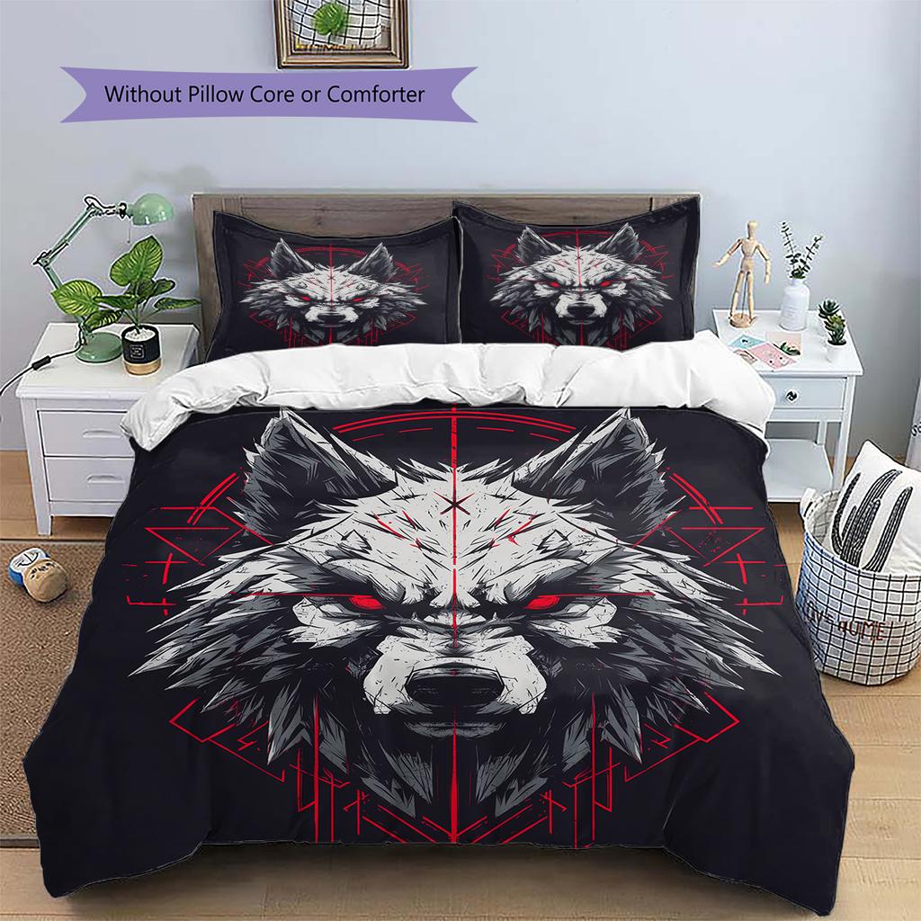 Red-Eyed Wolf  Pattern Bedding Quilt Set Quilt Cover Pillowcase Home Decoration  Gift (1 * Duvet Cover + 2 * Pillowcase, Without Core)