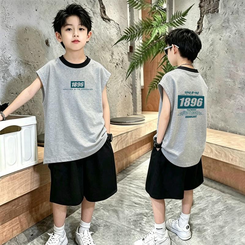 Boys' Color Block Cartoon Sleeveless Vest Set - 8-15 Years Trendy T-Shirt Two-Piece Summer Outfit