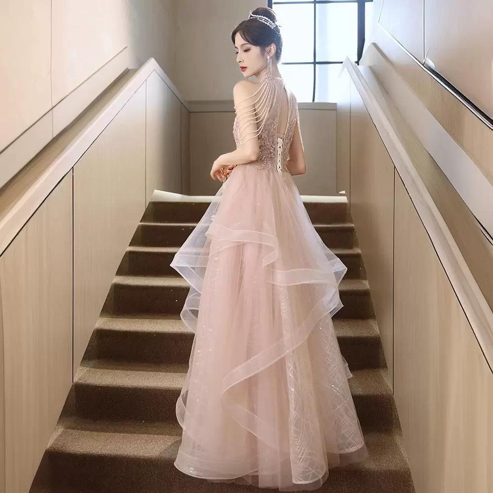 Host Art Test Evening Dress Dress Women's High-end Light Luxury Niche High-end Pink Engagement Toast Bride Robe