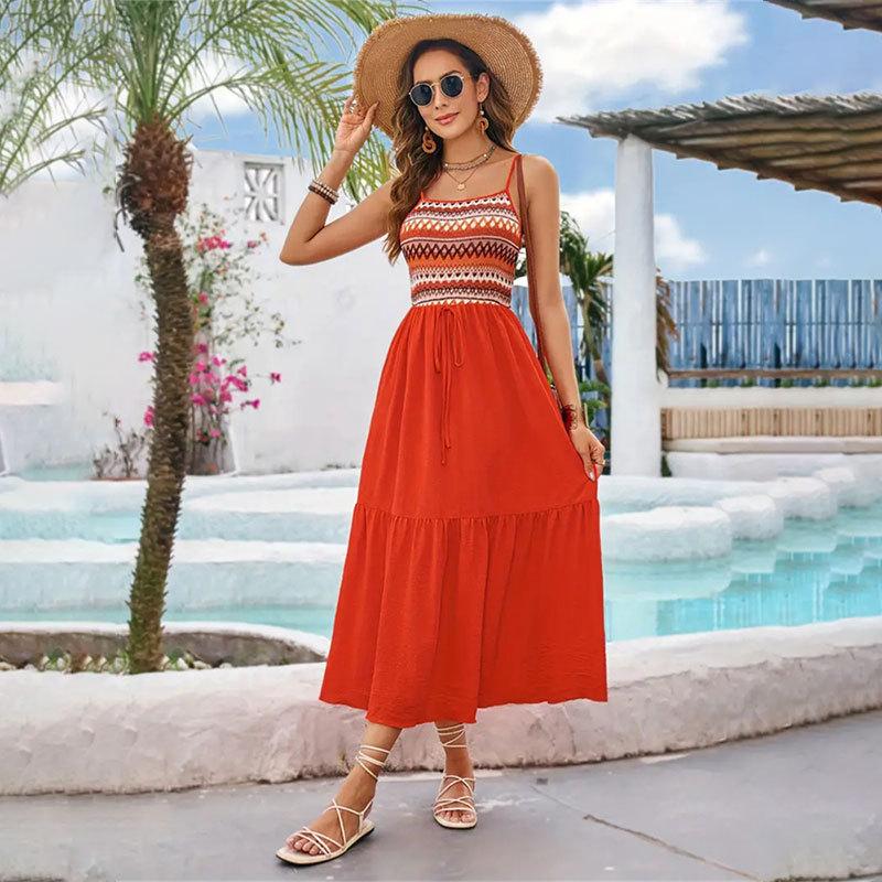 Women's Summer Stretchy Halter Pleated Patchwork Sleeveless Midi Dresses
