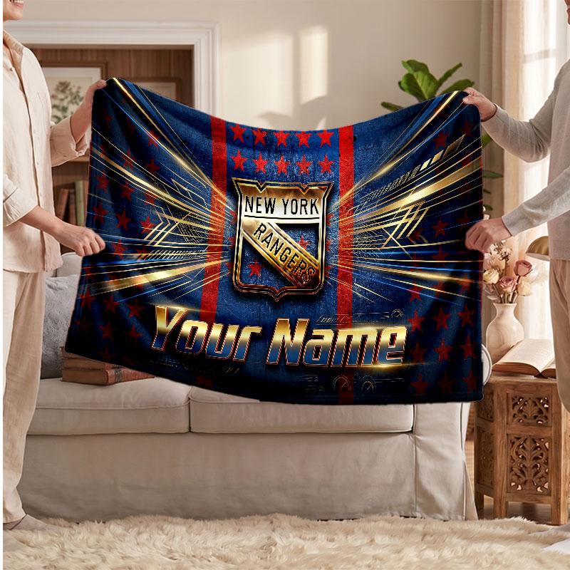 New York Rangers Flannel Blanket, Custom Name Text Personalized Soft Throw Blanket Home Decor Gift