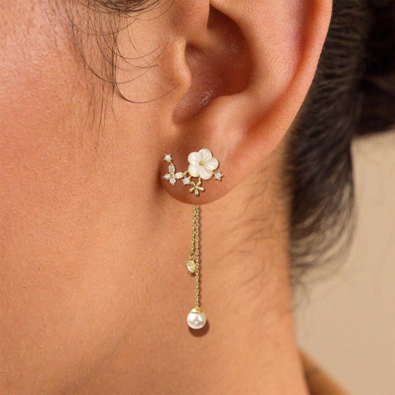 Delicate Flower Design Dangle Earrings With Simulated Pearls Chain Bridal Jewelry Glossy Gold or Silver Finish