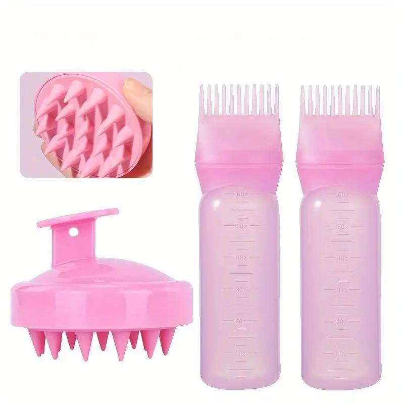 BEPAN 2pcs Hair Oil Dispenser Bottle Root Comb Applicator Hair Dye Refillable Dispenser with Massager Brush Hairdressing Coloring Tool