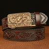 Men's Lion Head Leather Belt with Arabesque Pattern - Automatic Buckle, Cowhide, Casual for Jeans