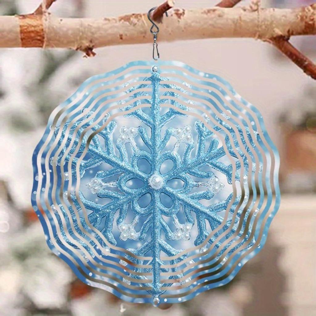 Snowflake Wind Chime Outdoor Decor Durable Metal Hanging Ornament for Patio Balcony Garden Christmas Halloween Thanksgiving Blue White Design