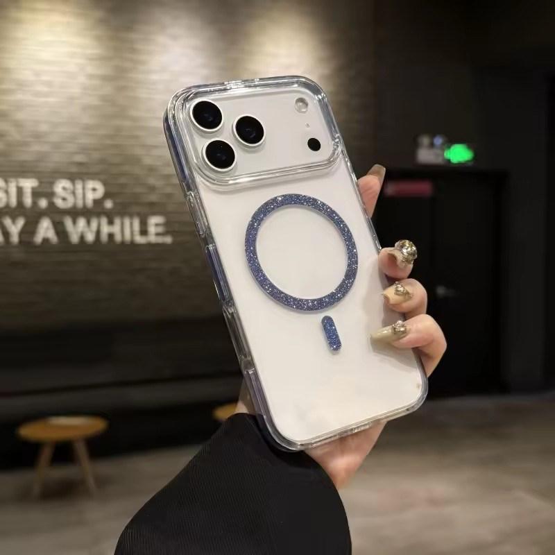 Luxury Glitter Bling For Magsafe Wireless Charge Circle Phone Case For iPhone11 12 13 14 15 16 17 Pro Max Plus 16e Clear Cover
