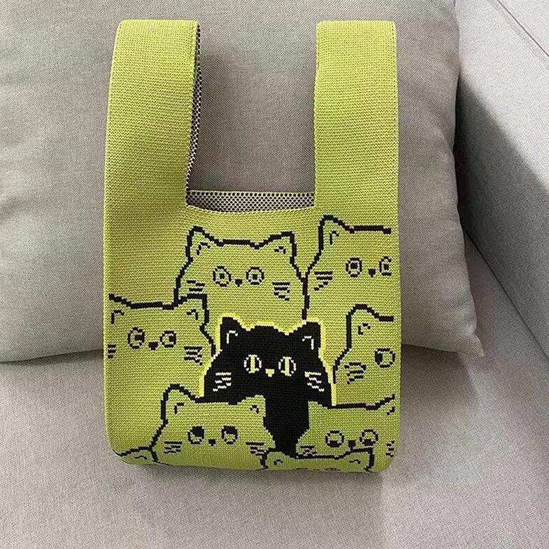 Przenośna Mini Pasiasta Torba Tote Ręcznie Robiona Dzianinowa Torba Damska Węzeł na Nadgarstek Torba Wiaderko na Telefon Duża Pojemność Jesień Zima Torebki