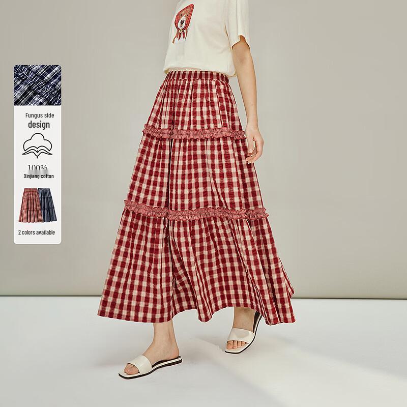 INMAN French Wood Ear Trim Plaid Patchwork A-Line Skirt XL
