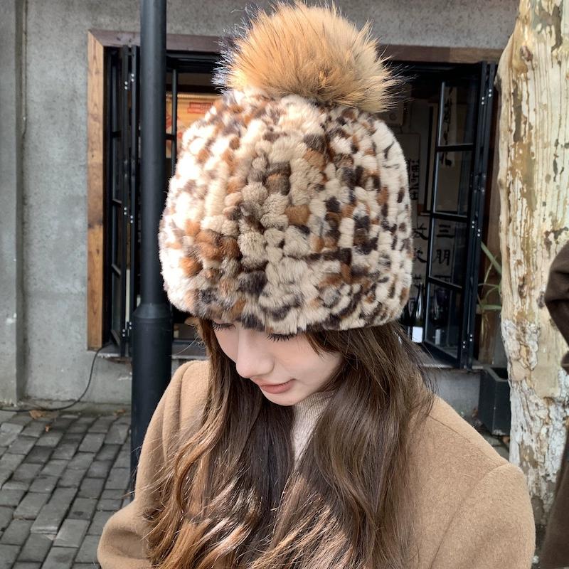 Retro Leopard Print Real Rabbit Hair Hat Women's Autumn and Winter Korean Version Warm Windproof Ear Protection Hat Hairball Knitted Hat Headgear