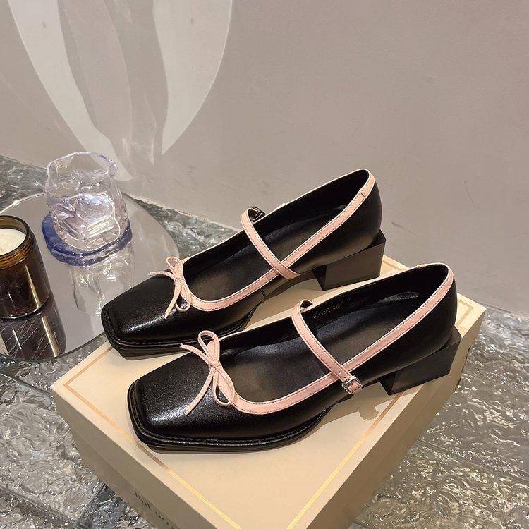 

Sweet Square Head Light Mouth Bow Silver Medium Heel Mary Jane Single Shoes Women s Leather Ballet Shoes 35 чёрный