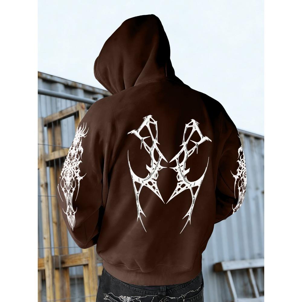 Autumn and Winter Fashionable Men's Retro Street Printed Hooded Sweatshirt with Thorn Pattern, Casual Top, Suitable for Daily Outings