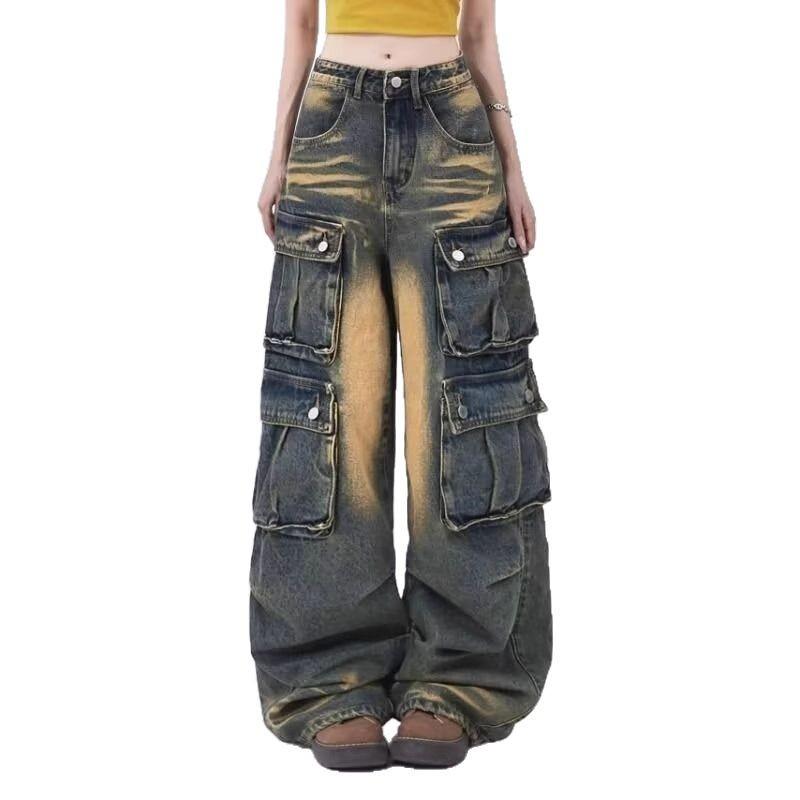 Unisex Vintage Washed Distressed Multi-Pocket Loose-Fit Wide Leg Jeans