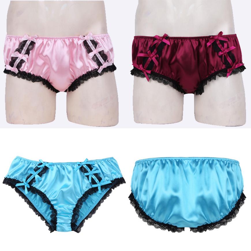 Men's Low Waist Ruffled Floral Lace Satin Bikini Panties Stretchy Knickers Sissy Lingerie