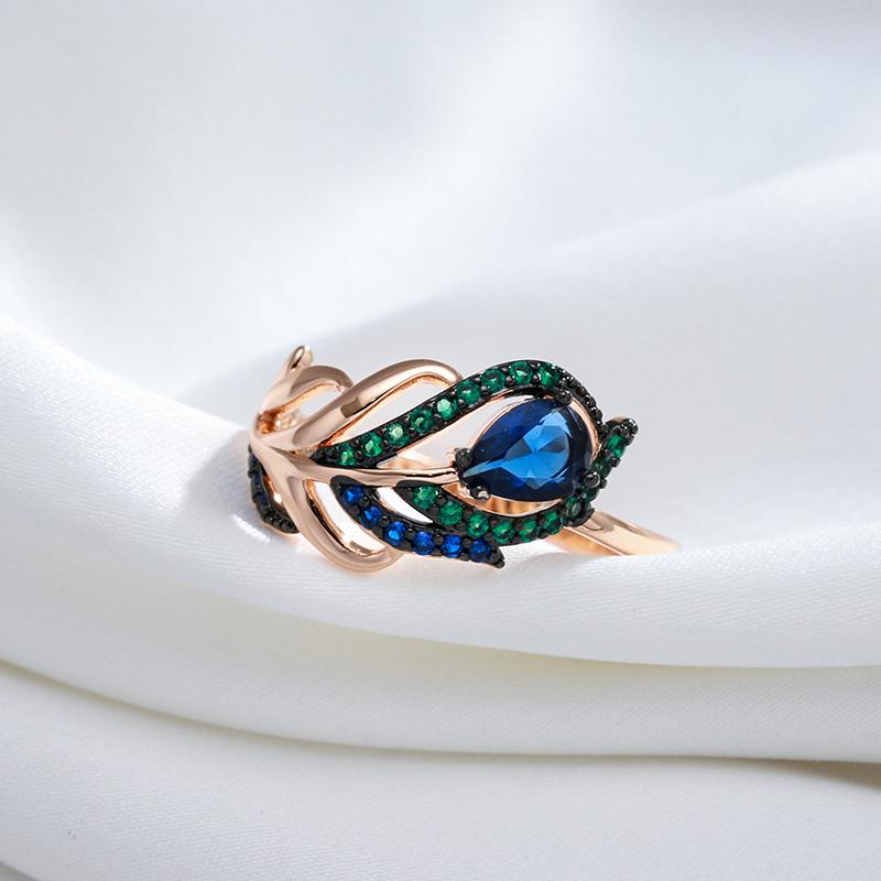 Luxury Blue Natural Zircon Ring For Women Rose Gold And Black Plating Vintage Crystal Leaf Daily Fine Jewelry