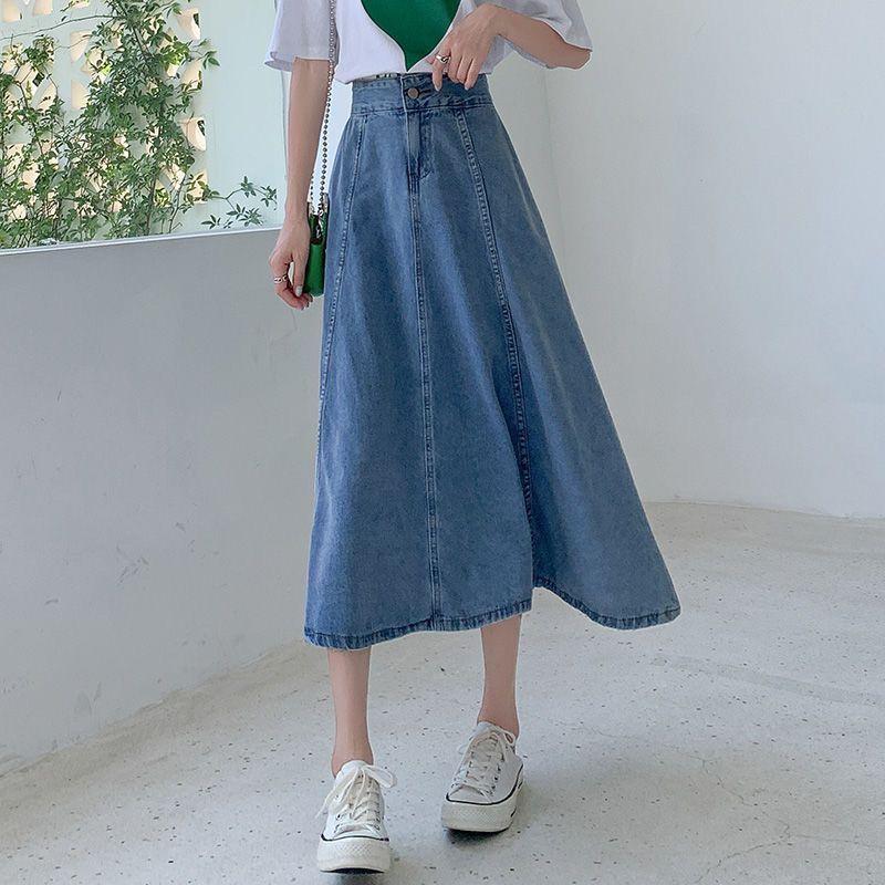 Spring Autumn Women's Fashion High Waist Casual Denim Skirt Mid-length A-line Skirt