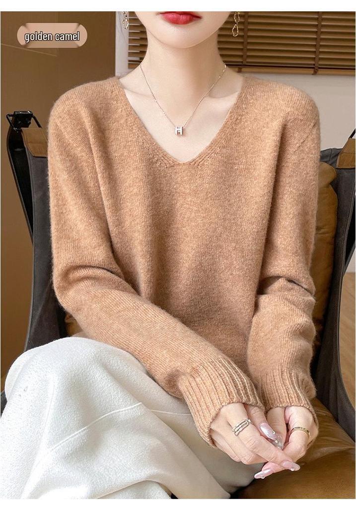 Women's V-Neck Thickened Wool Knit Sweater – 100% Pure Loose Fit