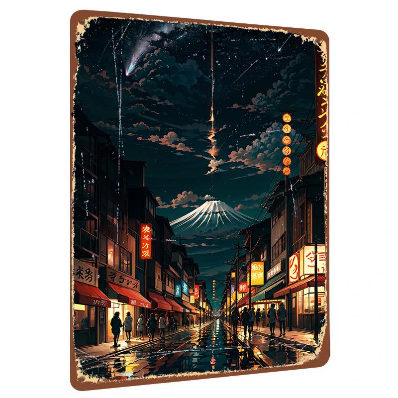 Japanese Street View Fuji Mountain Night Scene Metal Iron Painting Modern Home Living Room Wall Art Decor
