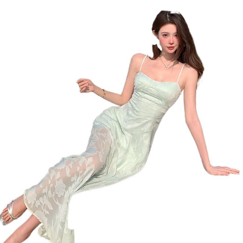 Mint Green Sleeveless Suspender Dress Women's Summer Seaside Vacation Wear Waist Beautiful Long Dress