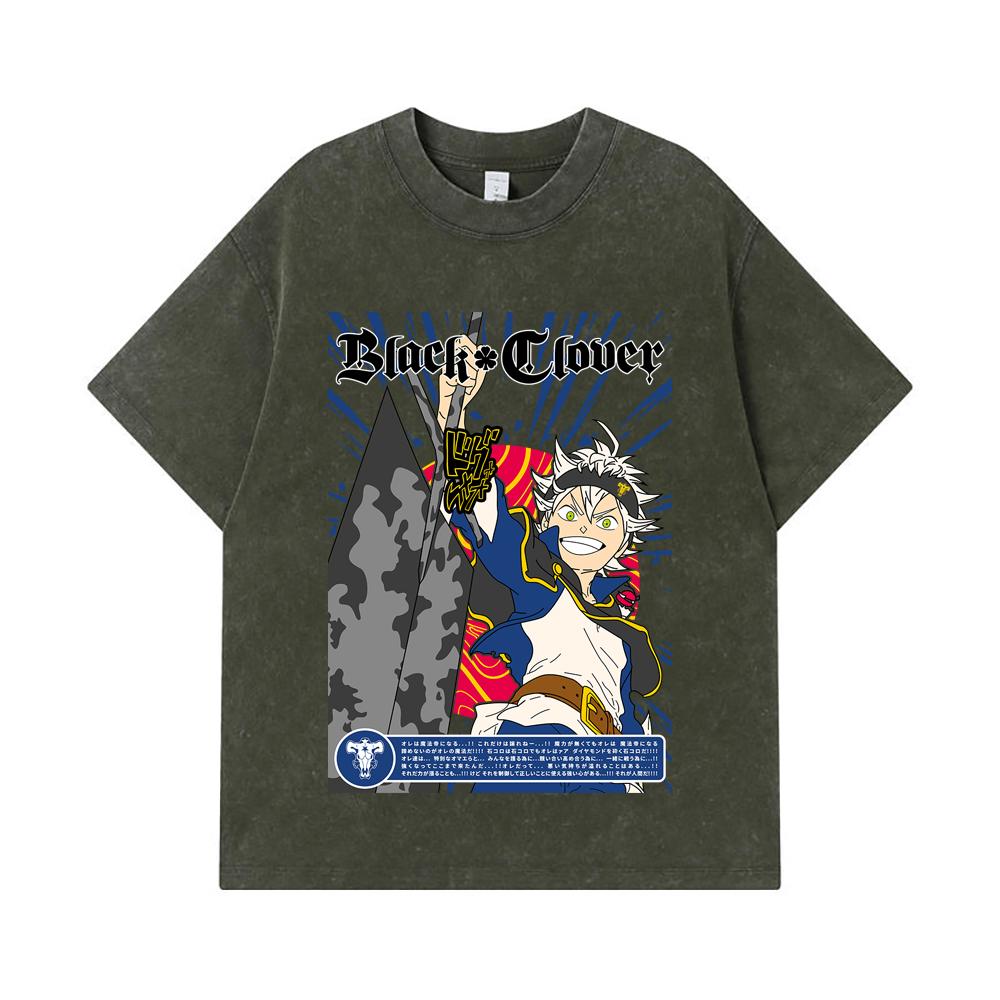

275 GSM Washed T-shirts 100% Cotton Black Clover V10 Asta Print Unisex Heavy Cotton T Shirt S армия зеленый