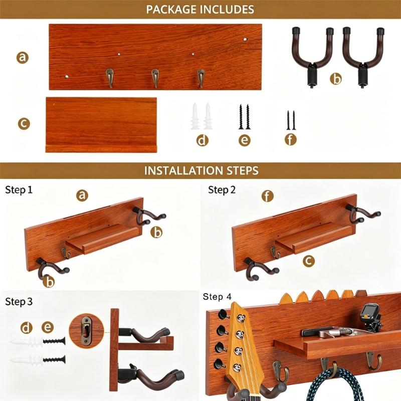 Black Guitar Wall Hook Handcrafted Wood Texture Musical Instrument Hanger Suitable for Music Rooms and Decorating