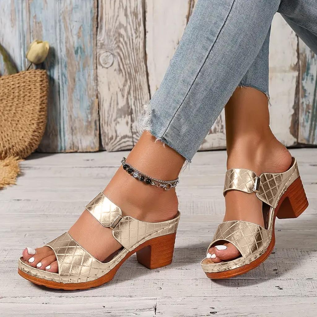 Womens Sandals Memory Foam Thick Heel Fish Mouth Women'S Outer Wear Shoes Fashionable Casual Shiny One Strap Shoes For Woman