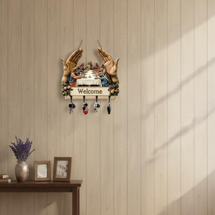 Artă de perete 2D plată cu Iisus și discipolii, breloc religios suport de chei cu 2 cârlige metalice, mic suport organizator de brelocuri pentru intrare, hol, intrare