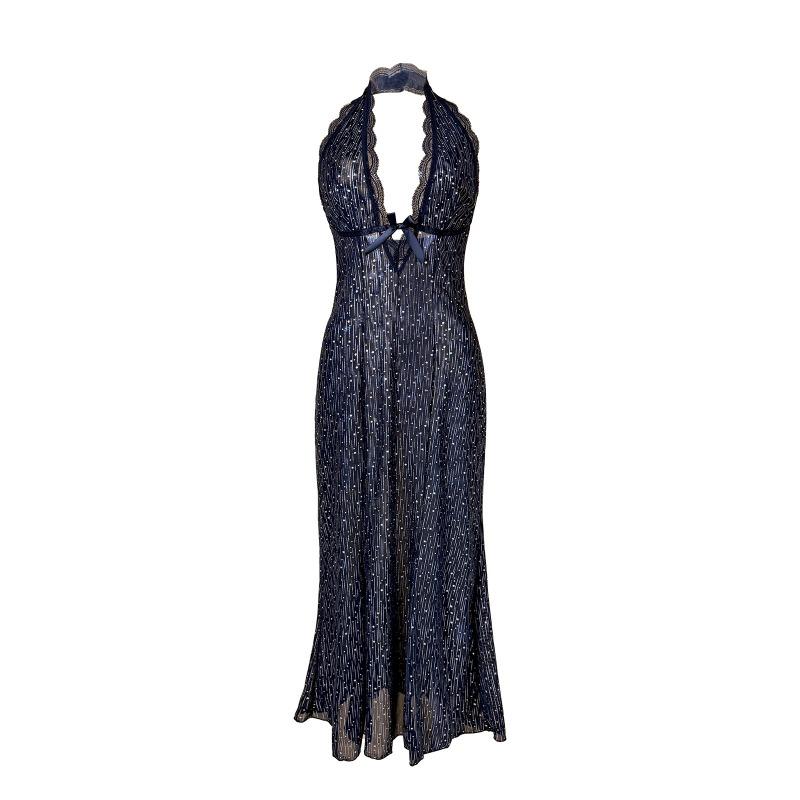 Black Flash Silk Perspective Dress Long Dress Neck Deep Back Slim Fish Tail Sexy Nightdress