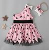 Baby Kids Girls Triangle Printed One Shoulder Tulle Dress with Bowknot Headband Cosplay Costume Clothes for 0.5-5 Years