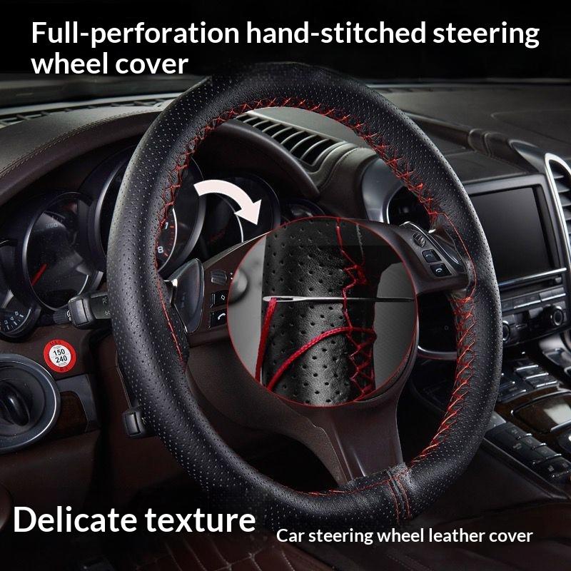 Hand Sewn Car Steering Wheel Protective Cover Leather Breathable Anti Slip Universal Suitable 38cm Elastic Band Texture Decor