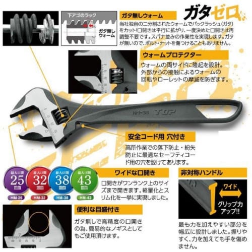 TOP Industrial Hyper Monkey ZERO Zero-Backlash Wide Adjustable Wrench, 0-25mm Opening, Zero-Backlash Worm, HM-25, Made In Tsubame-Sanjo, Japan