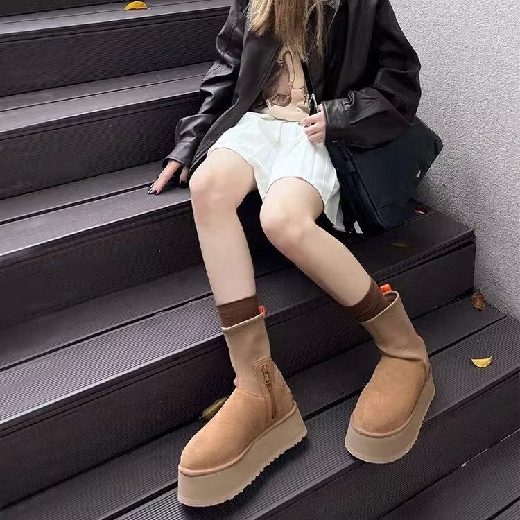 Women's Stretch Sock Cylinder Large Size Soft Sole Winter Warm Fur One Snow Boots Padded Lined Ankle Boots Non-slip Hiking Cotton Boots Martin Boots