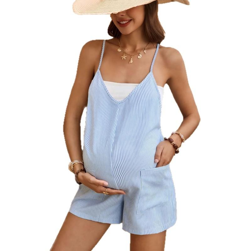 Maternity Striped Sleeveless Jumpsuit Casual Vacation Style Wide-Leg Short Pants