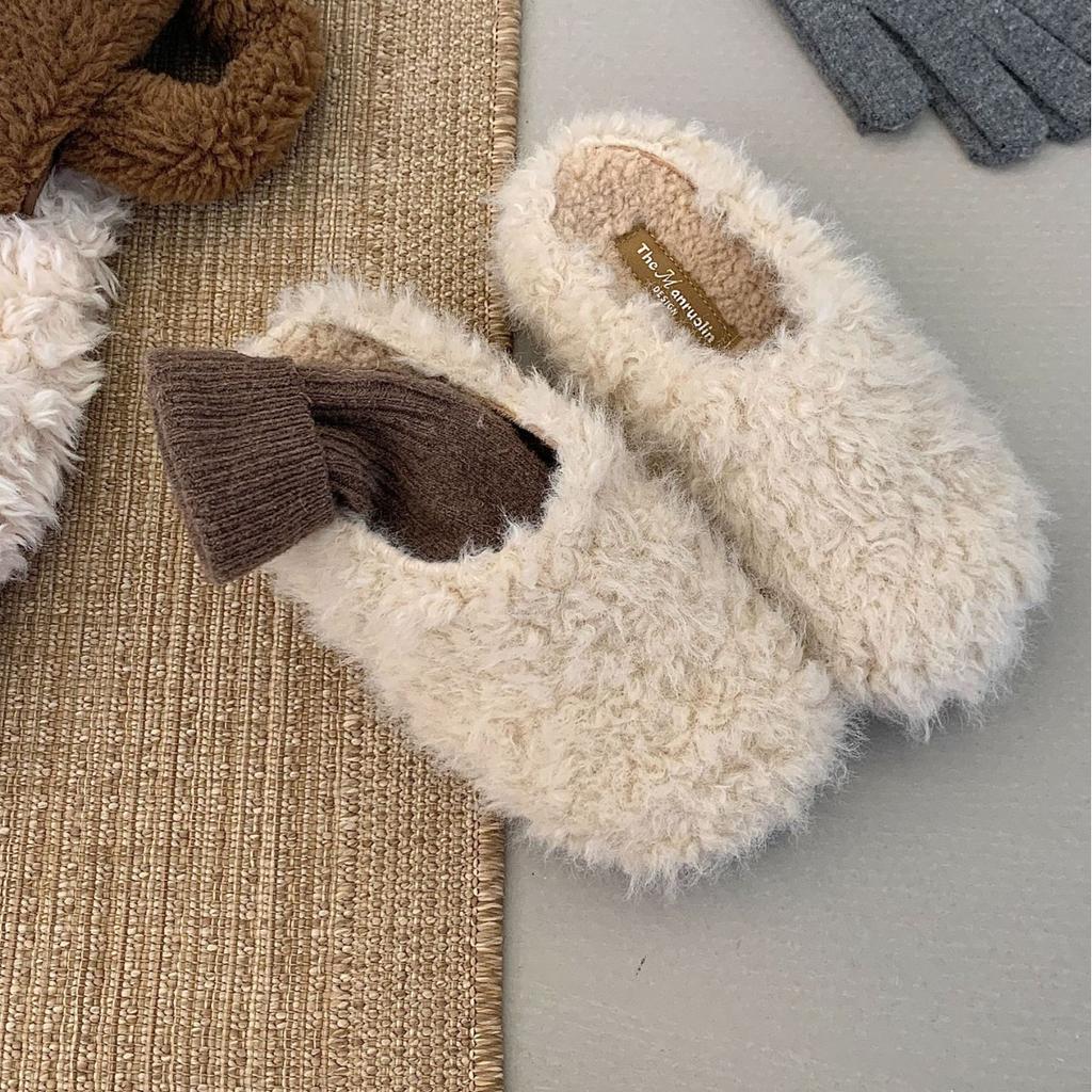 Korean version of one-pedal lamb wool shoes 2025 big head wool inside half drag slippers bag head flat women's shoes