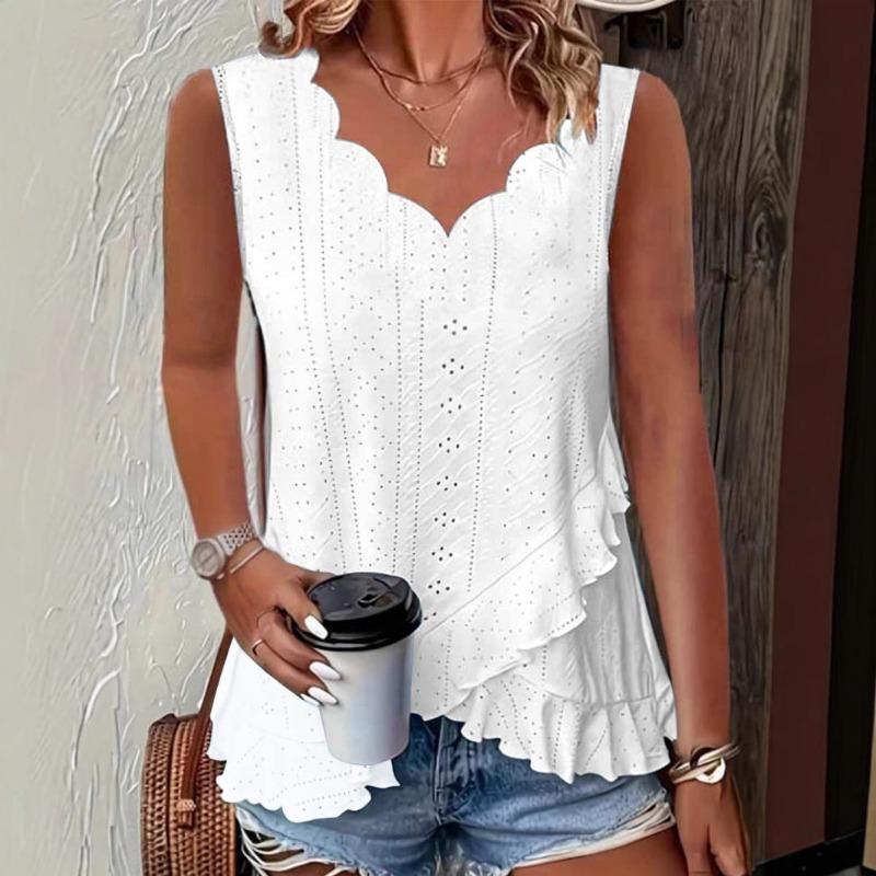 

Женская летняя новая повседневная однотонная жаккардовая ткань с фестончатыми краями и V-образным вырезом XL белый