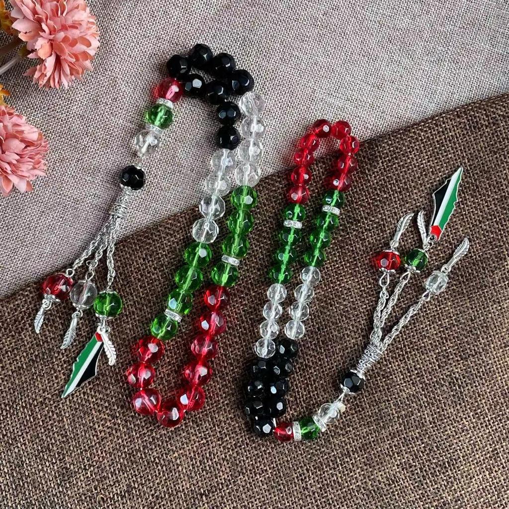 Tasbih Cristal 33 Perles Couleurs Palestine, Bracelet de Prière Musulman Rouge Vert Blanc Noir, 3 Longueurs pour la Prière & la Mode