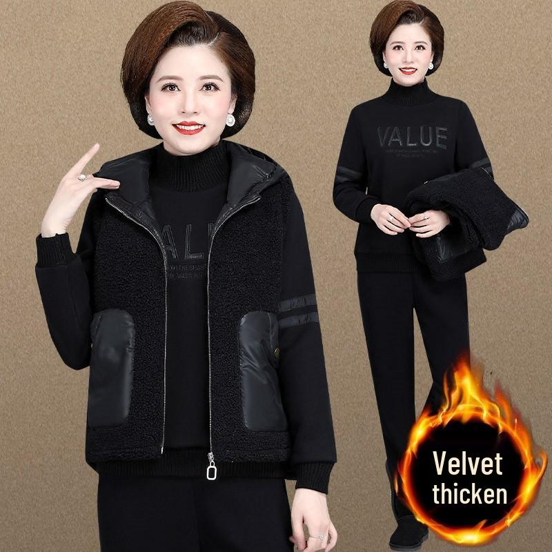 

Женское зимнее пальто из овечьей шерсти и комплект спортивной одежды - Бархатный плюс толстовка из трех частей для женщин среднего и пожилого возраста L (100-110 kg recommended) чёрный