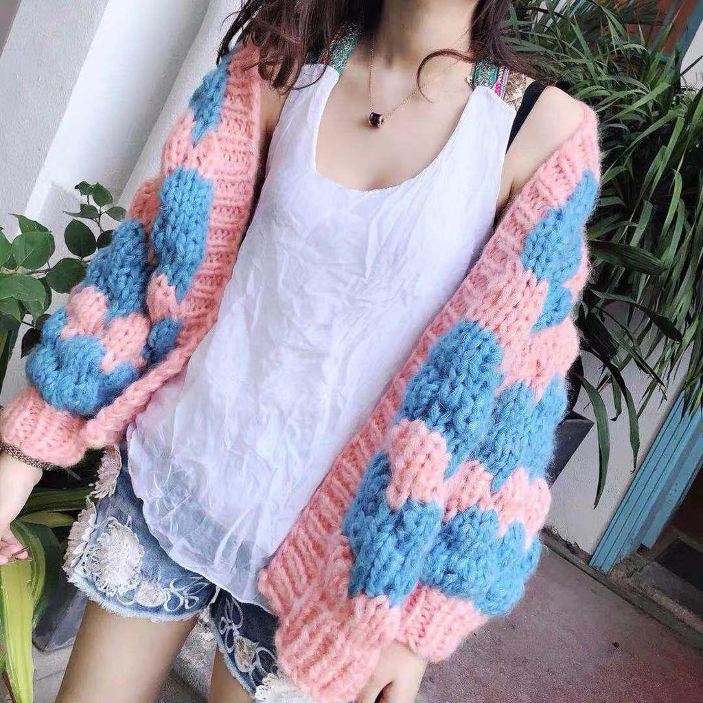 European Color Block Wave Pattern Chunky Knit Lantern Sleeve Cardigan for Autumn/Winter Women.