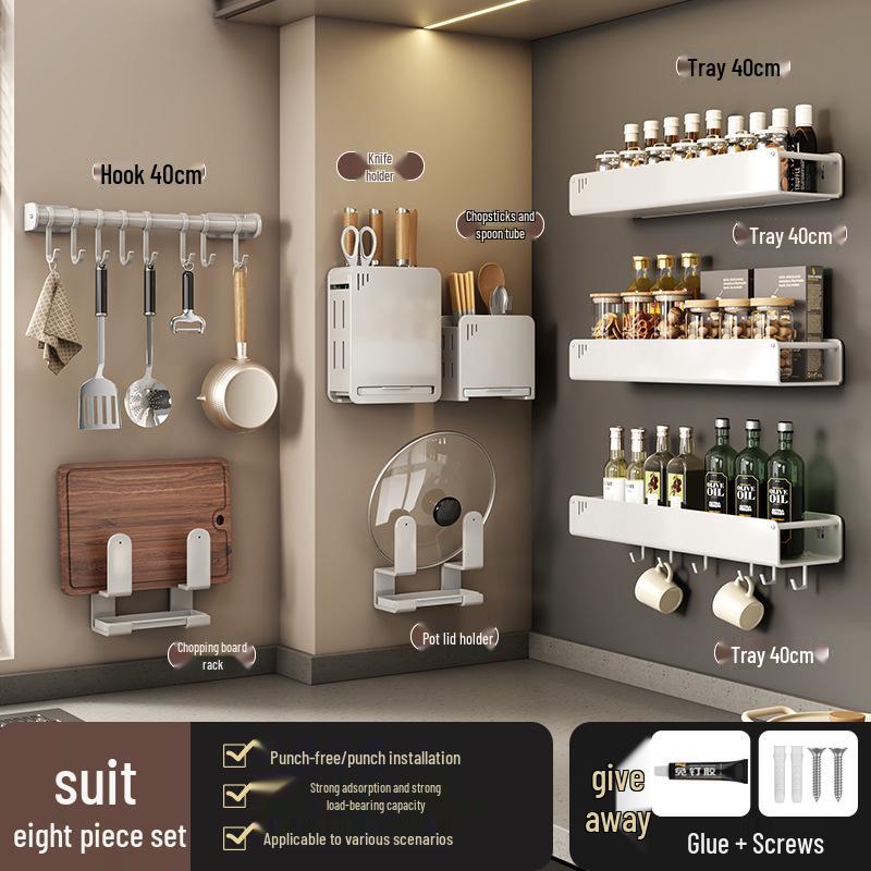 No-Drill Wall-Mounted Kitchen Storage Rack: Multifunctional Holder for Knives, Chopsticks, Pot Lids, and Seasoning Condiments