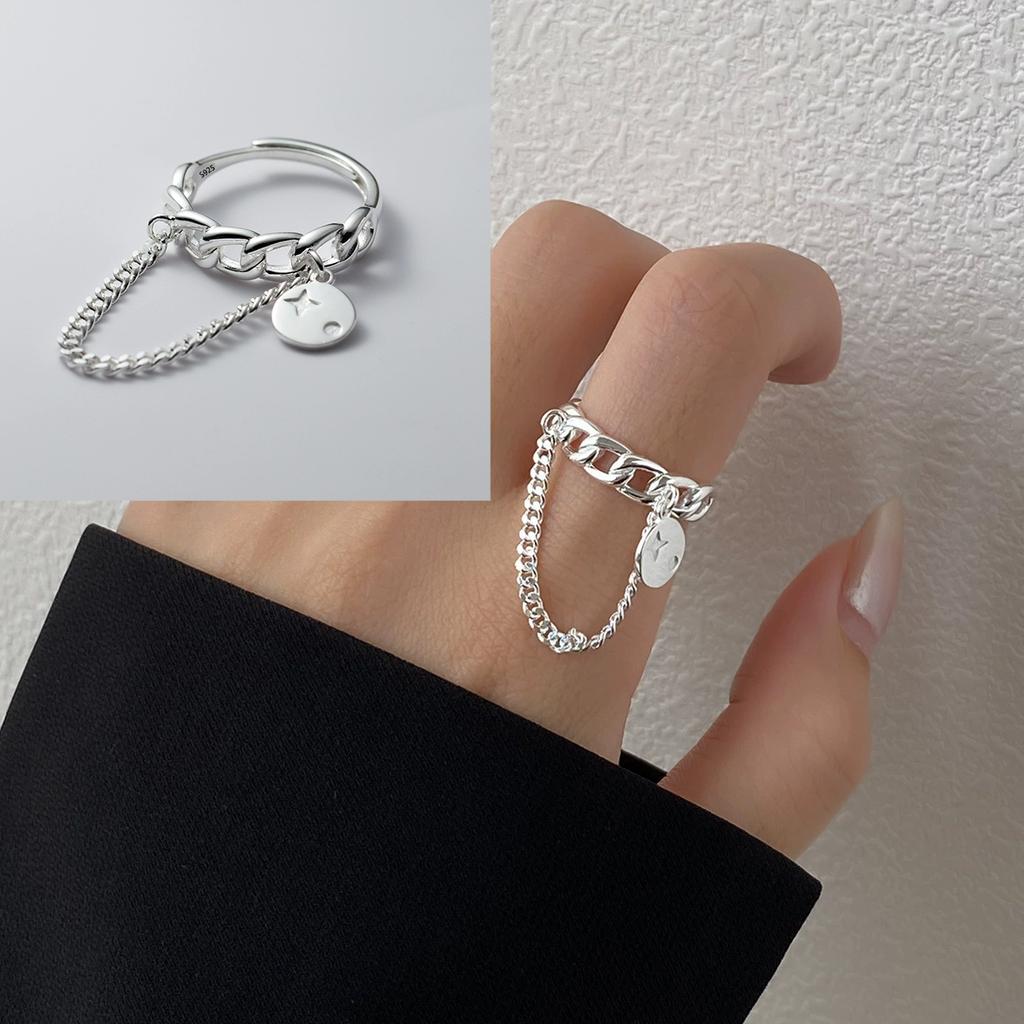 PANJBJ Real 925 Silver Retro Round Ring For 2 Rigns Women Chain Vintage Fine Jewelry Minimalist Accessories Gift