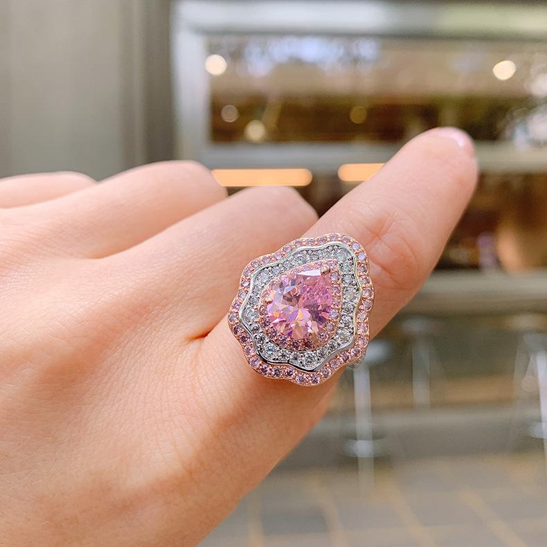 New Pink Ring With Micro Inlaid Pear Shaped Colored Jewelry Retro Exaggerated Zircon Female
