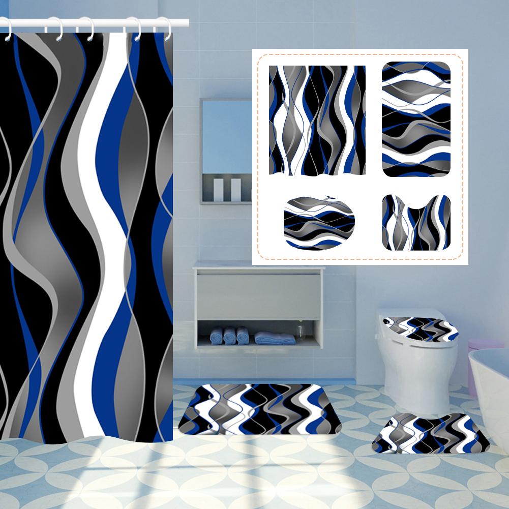 4Pcs Waterproof Shower Curtain Set Bathroom Curtain with Entrance Doormat Toilet Seat Cover Rug Anti-Slip Floor Mat Bath Decor