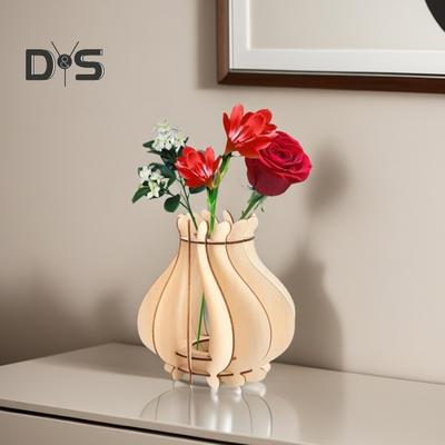 Wooden Puzzle Flower Vase with Stem Holder Heavy Duty DIY Building Block Flower Bouquet Display Stand Home Office Desktop Decoration