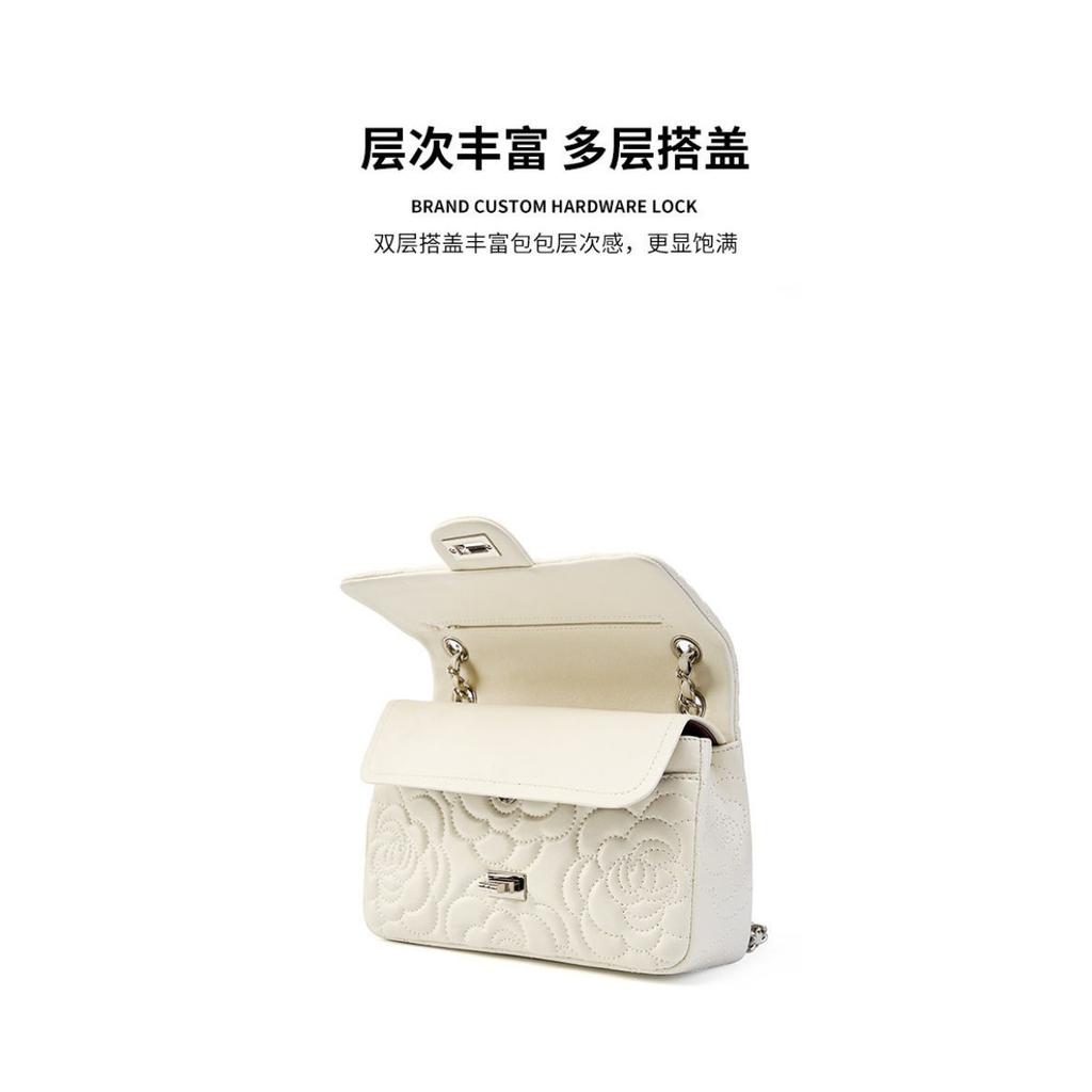 Xiaoxiangfeng Camellia Head Layer High Goatskin Leather Rhombus Women's Bag Premium Texture Chain Bag Shoulder Messenger Bag