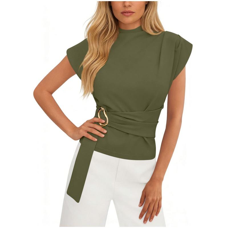 Summer New Style Fashionable Simple Half Turtleneck Short-sleeved T-shirt with Waist Design for Women's Tops