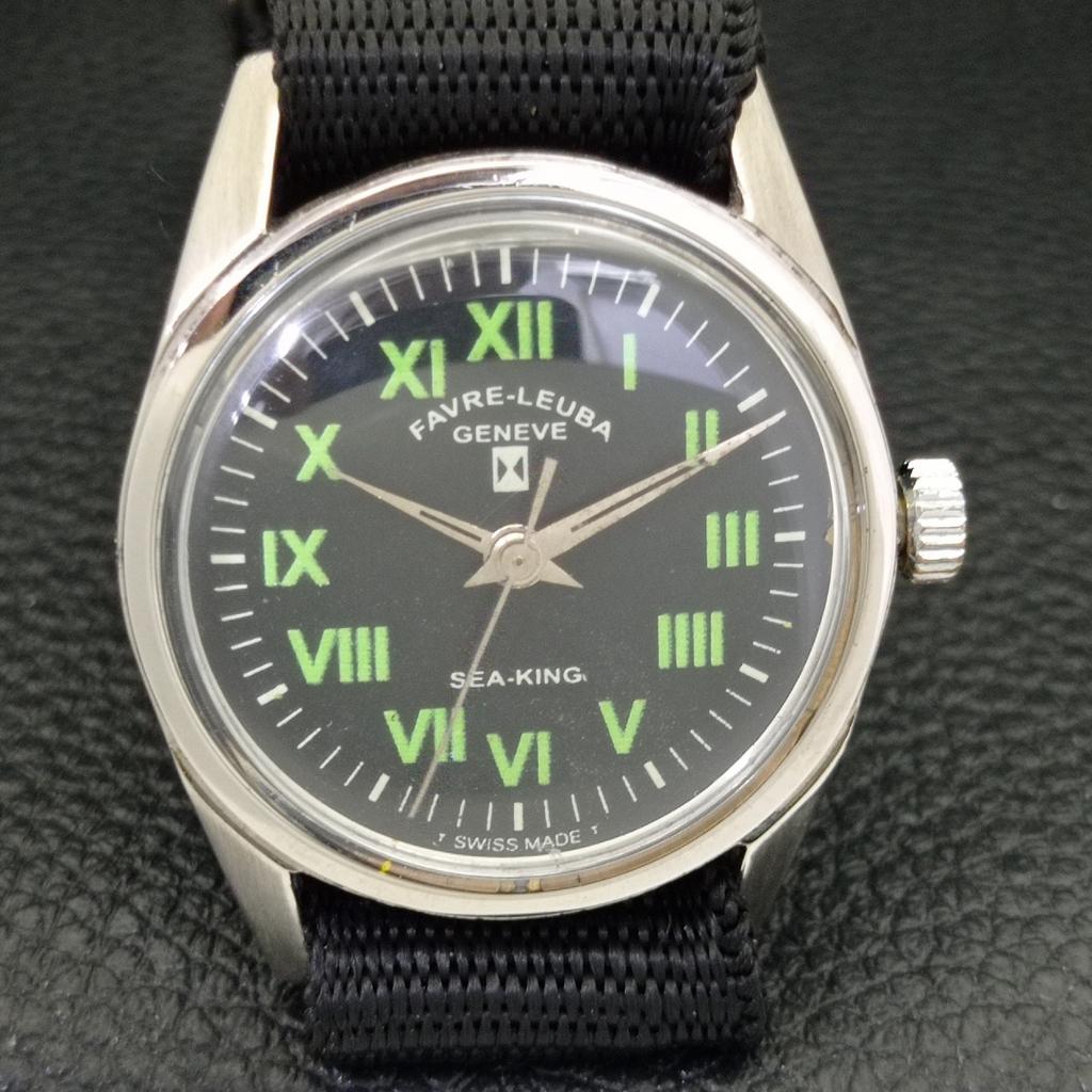 VINTAGE FAVRE LEUBA SEA KING 101 HAND-WINDING SWISS MENS BLACK WATCH A702006-5 R208-a702006