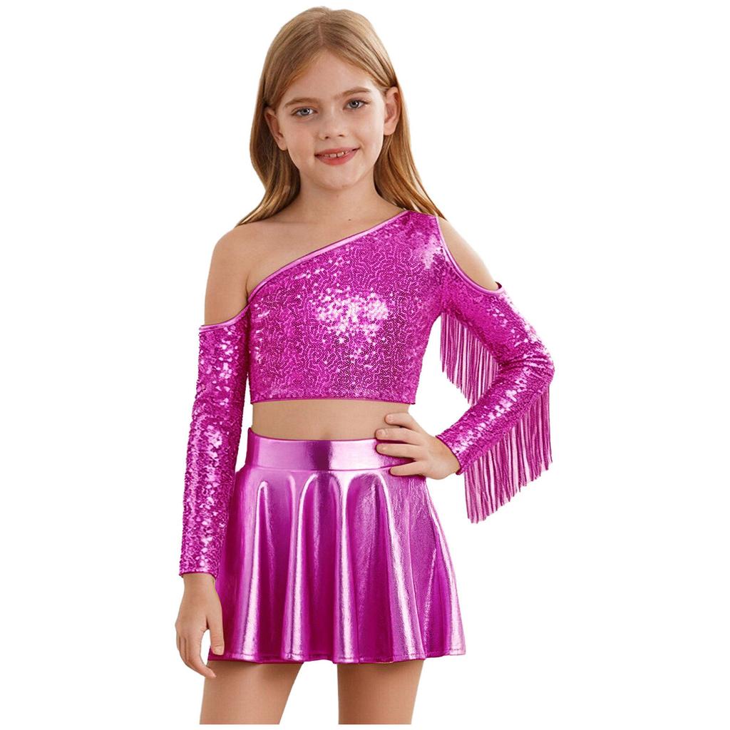 Kids Girls Metallic Stage Costume: One Shoulder Long Sleeve Sequined Crop Top & High Waist Pleated A-Line Skirt for Jazz Dance